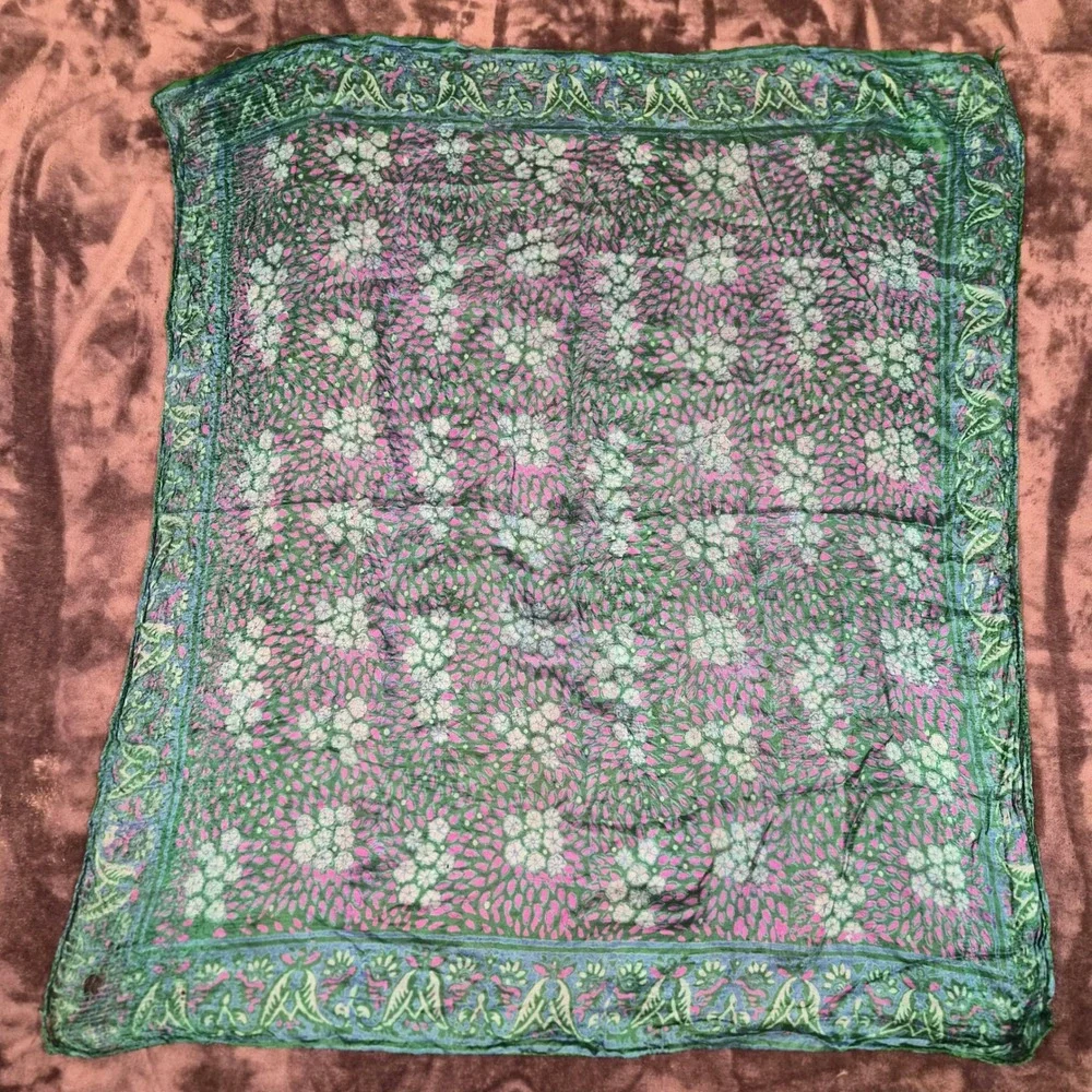 Vintage Silk Square Scarf Green Purple Floral Paisley Block Print 27x27 Thin